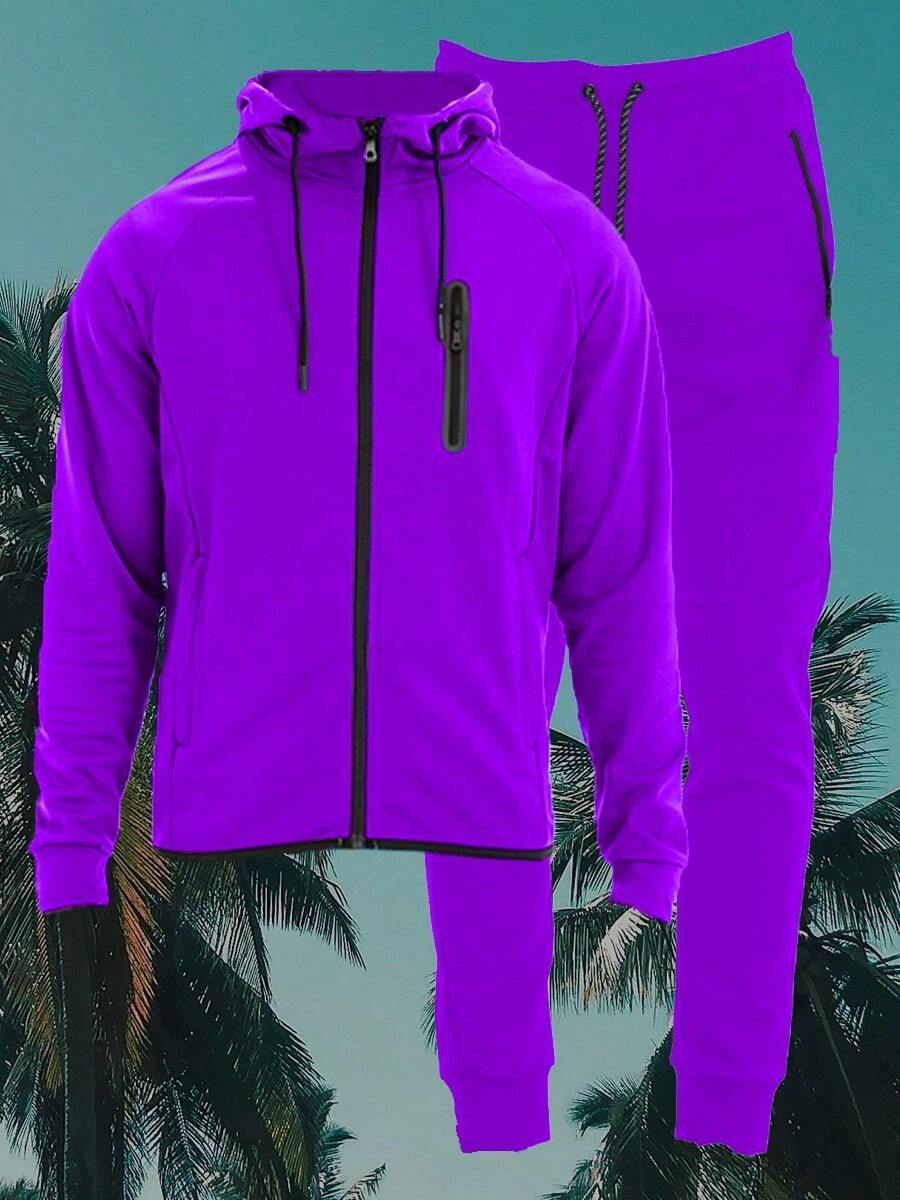 Men Tech Suit Zip Up Track Jacket Hooded Jogger Two PIece Co-Ord Set - 紫色 - 查看 1