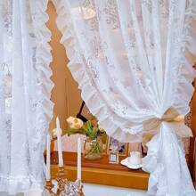 1件装高级时尚幻影蝴蝶薄纱蕾丝边优雅半透明窗帘，适用于别墅、卧室、客厅 - 白色 - 查看 7