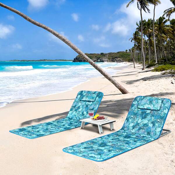 Lifezeal 3-Piece Beach Lounge Chair Mat Set 2 Adjustable Lounge Chairs With Table Blue\Stripe\Green