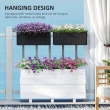 Outsunny Set Of 2 Hanging Flower Boxes, 50 Cm Long, Rattan Look Flower Pot With Drainage Holes And Hooks, Railing Box For Fence Balcony Garden - Black - View 7