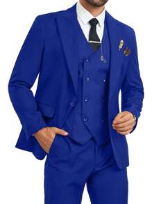Men's 3 Pieces Suits Set For Men Royal Blue Fashion Slim Fit Prom Peak Lapel Blazer Double Breasted Vest Pants Elegant Set Business Party Wedding Holiday Size XS-3XL Fall Winter Clothes For Men - 寶藍色 - 查看 1
