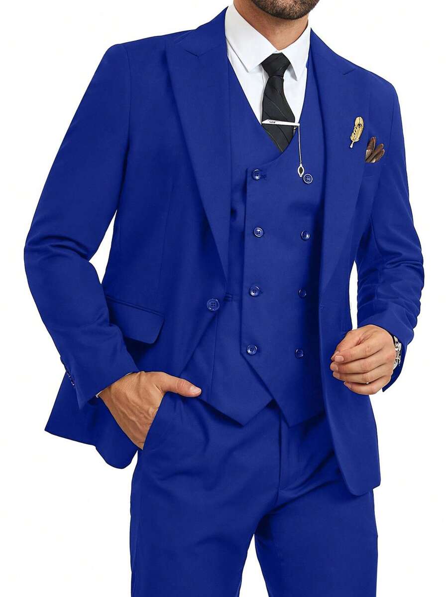 Men's 3 Pieces Suits Set For Men Royal Blue Fashion Slim Fit Prom Peak Lapel Blazer Double Breasted Vest Pants Elegant Set Business Party Wedding Holiday Size XS-3XL Fall Winter Clothes For Men - 寶藍色 - 查看 1
