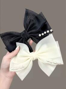 1 件女士高端缎面蝴蝶结珍珠发夹，时尚发髻夹发饰 - 彩色 - 查看 6