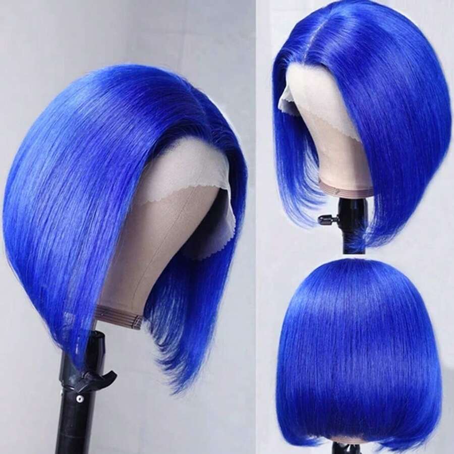 13x4 Transparent Blue Bob Lace Front Wigs Human Hair 10--16Inch Colored Short Bob Frontal Lace Wig Human Hair Glueless Wigs For Women13x4 Blue Bob Wig Human Hair Free Part Pre Plucked