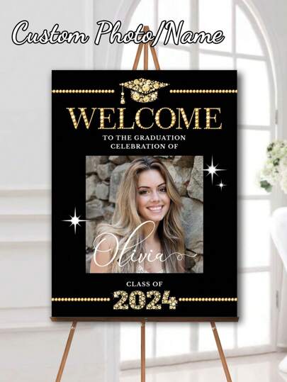1 pieza - Cartel personalizado de graduación con foto en negro y dorado, cartel de bienvenida para celebración de graduación (con foto), cartel de bienvenida para fiesta de graduación, cartel de graduación (con foto), cartel de bienvenida personalizado de graduación con foto, multifuncional, ajustable, duradero, decorativo, reutilizable, elegante, lindo, de alta calidad, moderno, colorido, adorable, cómodo, de moda, personalizado, único, regalo ideal para él, regalo ideal para ella, novio
