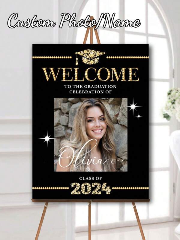 1 pieza - Cartel personalizado de graduación con foto en negro y dorado, cartel de bienvenida para celebración de graduación (con foto), cartel de bienvenida para fiesta de graduación, cartel de graduación (con foto), cartel de bienvenida personalizado de graduación con foto, multifuncional, ajustable, duradero, decorativo, reutilizable, elegante, lindo, de alta calidad, moderno, colorido, adorable, cómodo, de moda, personalizado, único, regalo ideal para él, regalo ideal para ella, novio