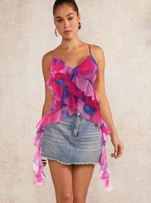 Blusa de tirantes con volantes y estampado total en talla grande - Rosa Fucsia - Ver 1