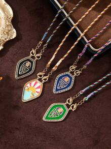 1 件波西米亚风格彩色盾牌几何祝福吊坠项链，手工编织绳，镶嵌锆石，电镀防水保色，女士礼物，女士珠宝 - 彩色 - 查看 1