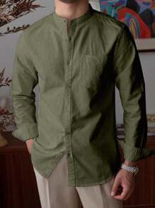 Áo sơ mi nam cổ đứng, đơn giản và thời trang cho trang phục hàng ngày, mùa thu, áo dài tay - xanh quân đội - Xem 5