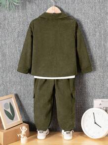 2 Stücke/Set Kleine Jungen Cord-Hemd mit Langarm und Mehrfachtaschen und Cargohose mit Klaschentaschen, lässiger Streetwear Anzug für alltägliche Anlässe, Urlaubsreisen - Armeegrün - Übersicht 2