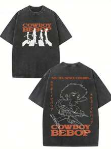 Star Cowboy, Would You Like To Become A Western Cowboy? Fashionable Popular Letter Pattern Printed 230g Washed Cotton T-Shirt, Single Piece, Men's Summer High-Quality Printed Cotton Retro Fashion Brand Loose Casual Multi-Color T-Shirt, Suitable For Outdoor Wear In Summer, With A Certain Thickness, Daily Wear And Friend Gifts, Back To School Gifts - 黑色 - 查看 1