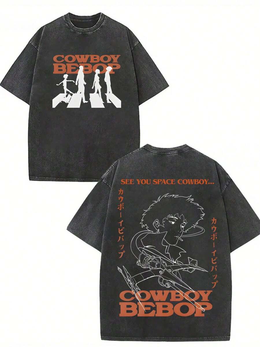 Star Cowboy, Would You Like To Become A Western Cowboy? Fashionable Popular Letter Pattern Printed 230g Washed Cotton T-Shirt, Single Piece, Men's Summer High-Quality Printed Cotton Retro Fashion Brand Loose Casual Multi-Color T-Shirt, Suitable For Outdoor Wear In Summer, With A Certain Thickness, Daily Wear And Friend Gifts, Back To School Gifts - 黑色 - 查看 1