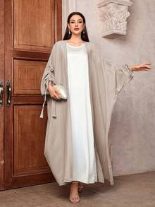 1 件女式优雅纯色米色长裙，蝙蝠袖阿拉伯长袍连衣裙，适合日常、旅行、度假穿着 - 杏色 - 查看 3