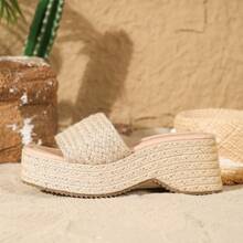 Women's Casual Comfortable Wedge Thick Rope Bottom Summer Slides - Beige - View 4