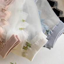 5 Pairs Women's Summer Crystal Mesh Socks, Lightweight Breathable Glass Crystal Socks With Embroidered Ditsy Floral Details, Machine Washable, Cute Invisible Boat Socks, Ladies Stockings And Socks