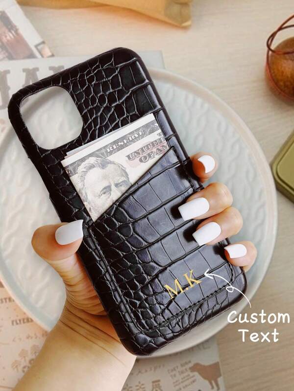 1pc Personalized Imitation Crocodile Leather Phone Case, Monogram Credit Card Slots IPhone Wallet Case, Initials Phone Case Compatible With Iphone 16 15 14 13 12 11 Pro XS Max X XR Plus, Good Birthday/Holiday Gift, Personalized Gift For Him/Her, Anniversary/Wedding Gift, Customized Present For Dad/Mom (PU Leather, Foil Print)