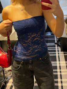 Women's Summer Sheer Lace Floral Off Shoulder Backless Slim Crop Tube Tops  Soft Top For Street  Party - 藍色 - 查看 4