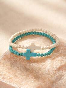 2 件女士友谊手链，绿松石和绿松石珠串珠手链，波西米亚风相配手链，适合最好的朋友 - cross - 查看 2