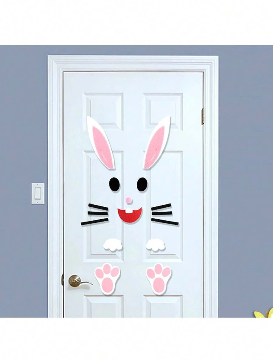 12pcs Easter Celebration Felt Door Decals - Spring Home Decoration Cute Rabbits, Eggs And Chicks Patterns | DIY Craft Kit, Includes Wall And Window Decor - Multicolor - View 1