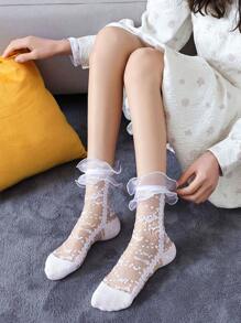 1/2/4 Pairs Lace Trim Sheer Glass Silk Knee High Socks, Transparent Crochet Lolita Socks, Thin Mesh Bow Ankle Socks, Women Hosiery Stockings - Multicolor - View 15
