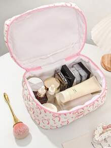 1 Piece Bow&Love Makeup Bag Fashionable Floral Makeup Organizer Set For Home Decor Quilted Rose Design Cosmetic Bag For University Student ,Girl Teenagers,White Collar,Pink Pouch Bag With Bow Zipper Travelling Stuff Storage Bag For Holiday - Multicolor - View 8