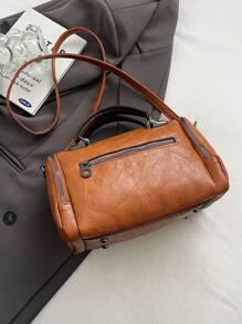 流苏装饰手提包，女士大容量单肩包，时尚拉链斜挎包，带可拆卸肩带 - 棕色 - 查看 6