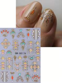 Autocollants pour ongles avec design de décalcomanie de mandala à croissant de lune, décoration d'ongles en relief 5D, motif de fleur de mandala coloré avec lignes dorées en métal blanc, style élégant rétro, autocollants adhésifs pour ongles, accessoires DIY pour salon de manucure, décoration d'ongles pour débutants DIY à la maison, cadeau pour femmes
