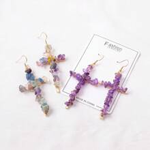 1Pair Natural Crystal Gravel Stone Cross Amethyst Eardrop Earrings Pink Crystal Reiki Eardrop Women Party Wedding Jewelry - Crushed Stone Cross Earrings - View 2