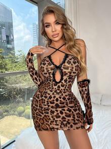 1 szt. Seksowna sukienka bodycon z nadrukiem w panterkę i rękawami, kostium kota cosplay