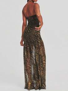 Women Y2k Tube Top Maxi Dress Strapless Backless Tropical Leopard Print Mesh Patchwork High Slit Long Dress Party Club Prom Bodycon Dresses Summer Beach Going Out Dresses - màu nâu - Xem 2