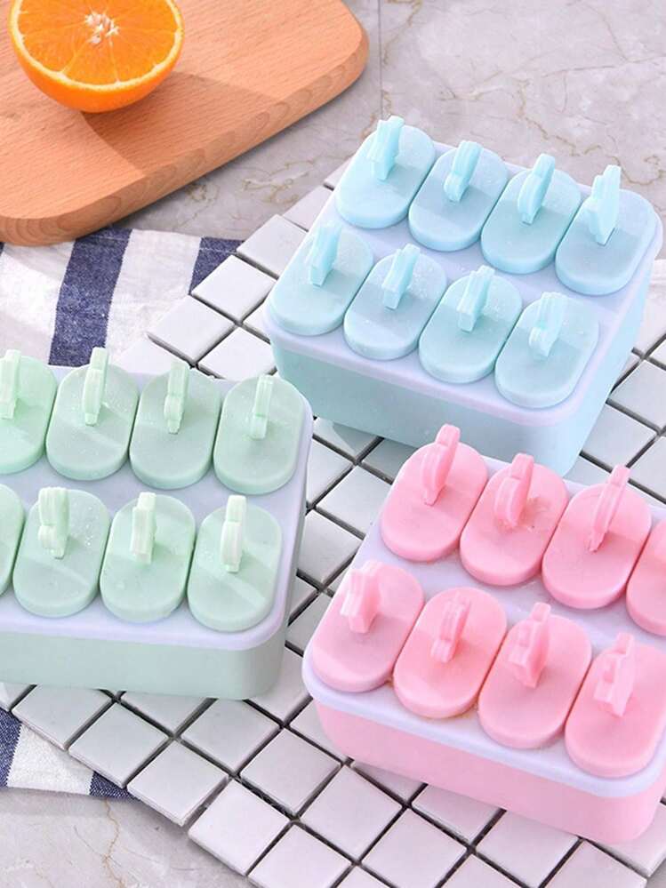 1 pieza Molde de helado cuadrado de 8 celdas con mango de dibujos animados, hecho de material PP. Molde casero DIY para paletas, fabricante de helados - Multicolor - Añade 12