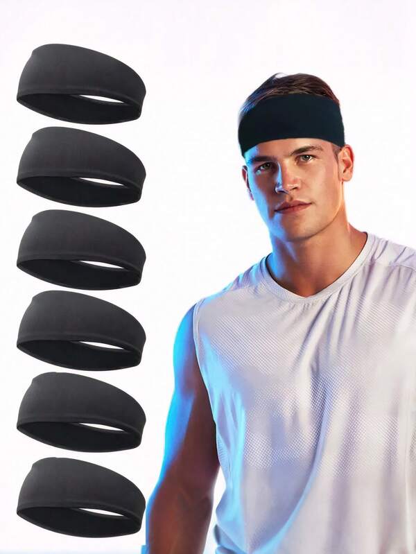 1pc/6pcs Men's Solid Color Sports Headband, Quick Drying Yoga Fitness Running Sweat Absorbent Sweatband Headwrap