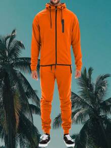 Men Tech Suit Zip Up Track Jacket Hooded Jogger Two PIece Co-Ord Set - trái cam - Xem 2