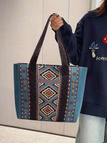 Damen Shopper, Blauer Boho-Stil Schultertasche, großer Handtaschenraum für Studentinnen, Bürotasche für Berufspendler, Tasche für Laptop, Tablet-Aufbewahrung