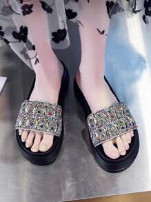 2025 年夏季新款时尚水钻装饰厚底拖鞋，女士时尚沙滩凉鞋 - 銀色 - 查看 5