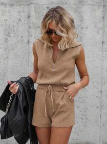 Womens Casual Sleeveless Romper Summer Half Zip Lapel Collar Drawstring Knit Jumpsuit With Pockets - Màu Khaki - Xem 2