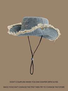 1 PC Unisex Couple Style Distressed Embroidered English Letters Retro Washed Rough Edge Drawstring Hat Bucket Hat Sun Hat Outdoor Cycling Mountaineering Sun Hat Suitable For Travel Beach Seaside Leisure Vacation Play Daily Use - Multicolor - View 4