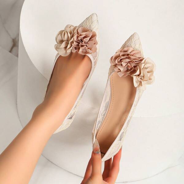 Women Lace Mesh Flats, Pointed Toe Camellia Versatile Comfortable Slip-On Shoes, Summer