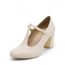 Low Chunky Heels For Women T-Strap Pumps Wedding Dress Shoes - Apricot - View 2