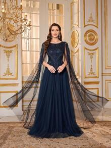 SUPGIR 女士圆领超长袖串珠亮片拼接窄腰蓬蓬裙网纱面料优雅晚礼服 - 藏蓝色 - 查看 6