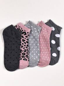 5 Pairs Leopard Polka Dot Pattern Versatile & Fashionable Everyday Ankle Socks