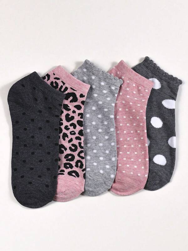 5 pares de calcetines tobilleros versátiles y de moda con estampado de leopardo y lunares para uso diario