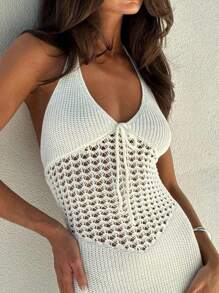 镂空系带针织连衣裙，春夏 - 白色 - 查看 4