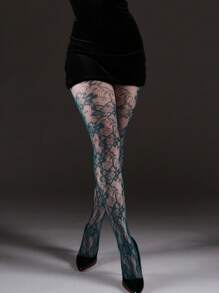 1pc Curve Tights Fishnet Leggings, Sun Flower Design Women's Fashion Sexy Hollow Out Retro Dark Green Stockings, Suitable For Halloween, Christmas, Y2K Outfit