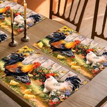 4 件套鸡场印花亚麻餐垫 - 100% 编织亚麻矩形桌垫，适用于餐厅、厨房 - 可洗、防滑、耐热餐垫，适用于咖啡桌、餐桌装饰