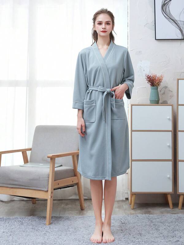 1pc Absorbent Fabric Bathrobe, Sauna Wear, Hotel Quality Robe, Unisex, With Dual Pockets, Suitable For Home