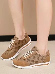 女士平底运动鞋，皮革鞋面，透气软底，轻便跑鞋，时尚百搭休闲运动鞋，四季皆宜 - 棕色 - 查看 7