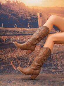 Women's Western Cowboy Boots, New Autumn/Winter Style, Pointed Toe, Embroidered, Chunky Heel, Mid-Calf, Fashion Western Boots