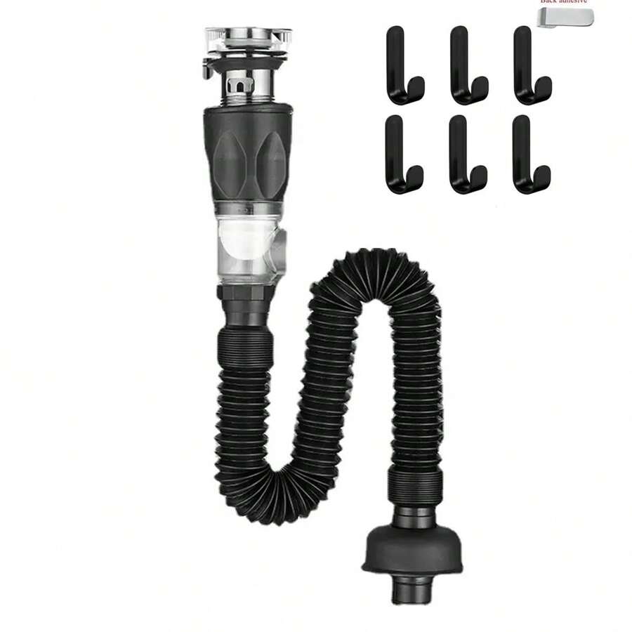 1 件浴室水槽排水管，新型防臭即时排水，适用于面盆、水槽的水平和垂直排水，可扩展排水管，带 6 个粘钩，用于毛巾、沐浴球储存