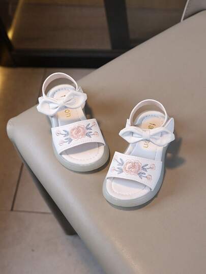 1 Pair Summer New Girls Bow Decor Sandals, Fashion Casual Sandals With Hook And Loop, Simple Elegant